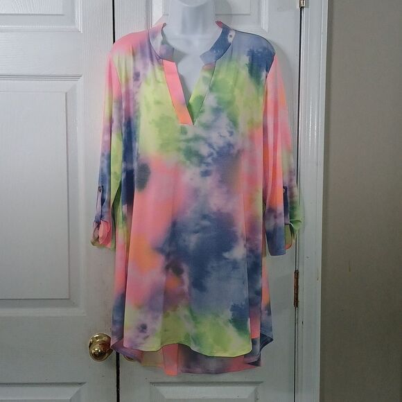 HoneyMe tie dye tunic multicolor blouse spring summer fun blouse Sz XL NWT - Picture 1 of 9